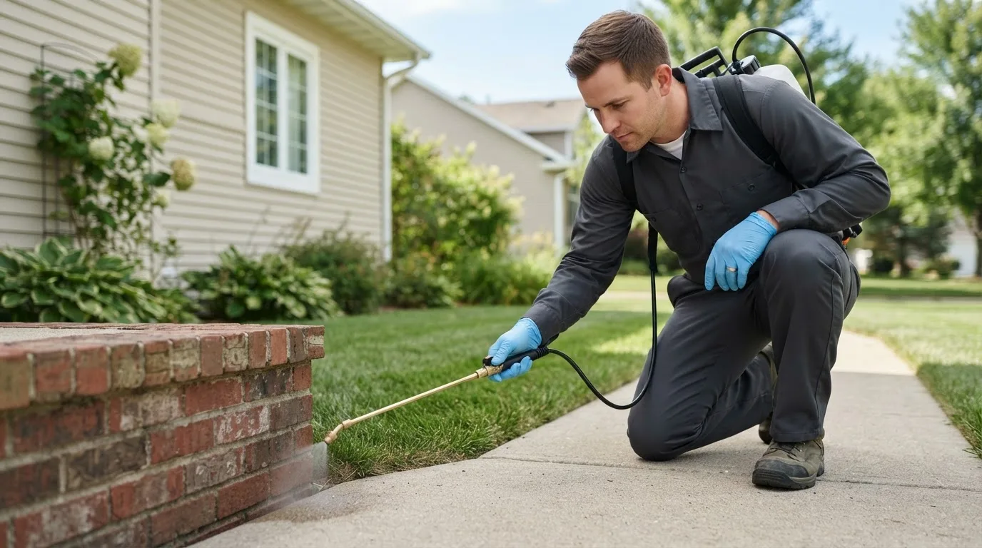 Pest control technician treating a home near Tintah, MN